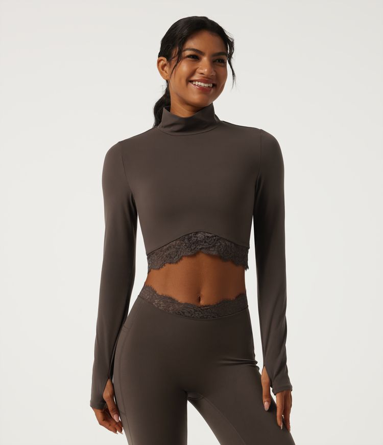 Halara UltraSculpt™ High Neck Long Sleeve Contrast Lace Yoga Sports Top with Thumbholes