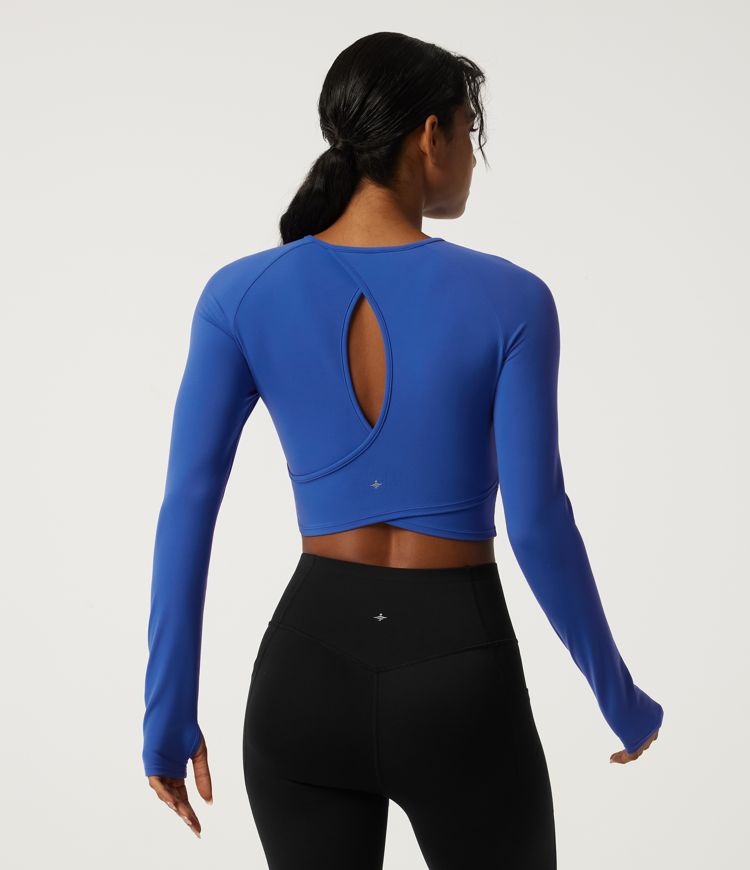 Round Neck Long Sleeve Yoga Sports Top with Built-in Bra and Thumbholes