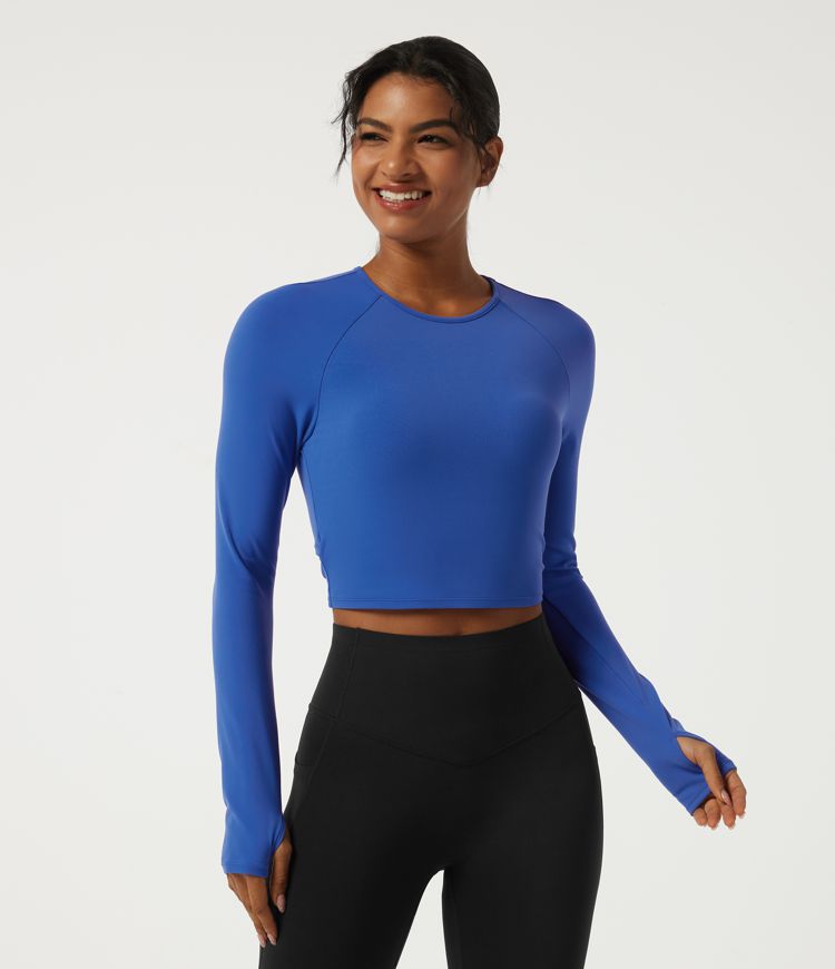 Beaucoup Blue Round Neck Long Sleeve Yoga Sports Top with Built-in Bra and Thumbholes / 2
