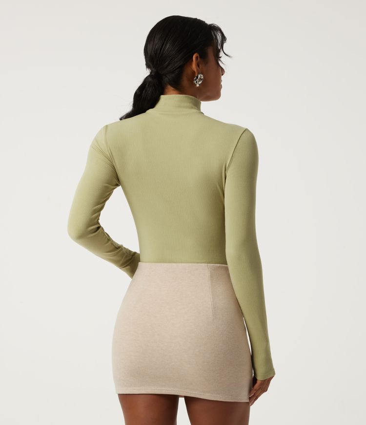 Winter Pear Ribbed Knit Mock Neck Long Sleeve Crossover Cut Out Casual Top / 2