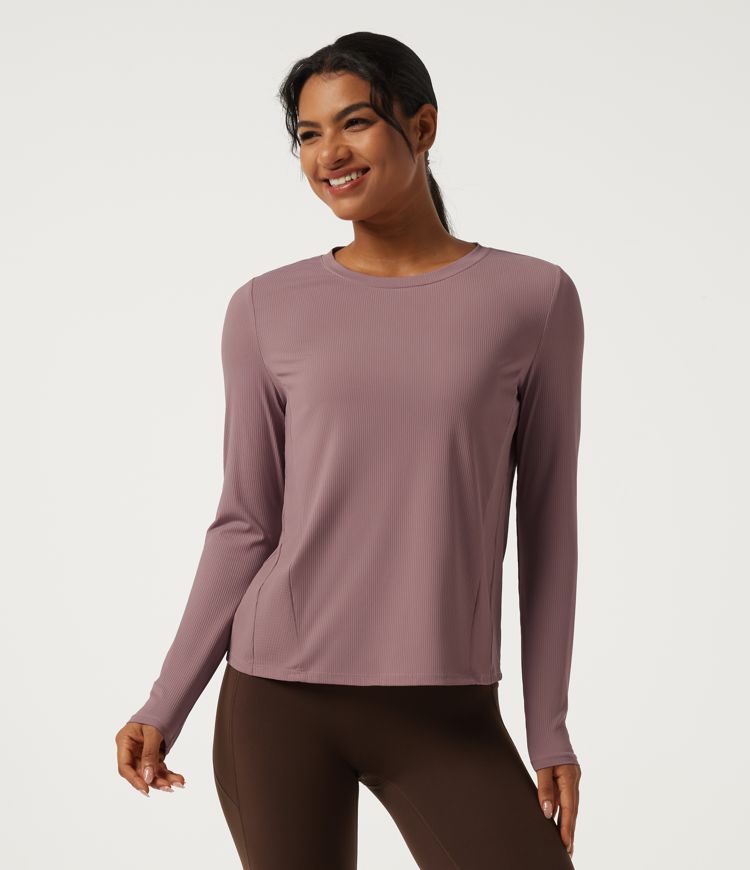 Nostalgia Rose Ribbed Knit Round Neck Long Sleeve Running Sports Top / 2