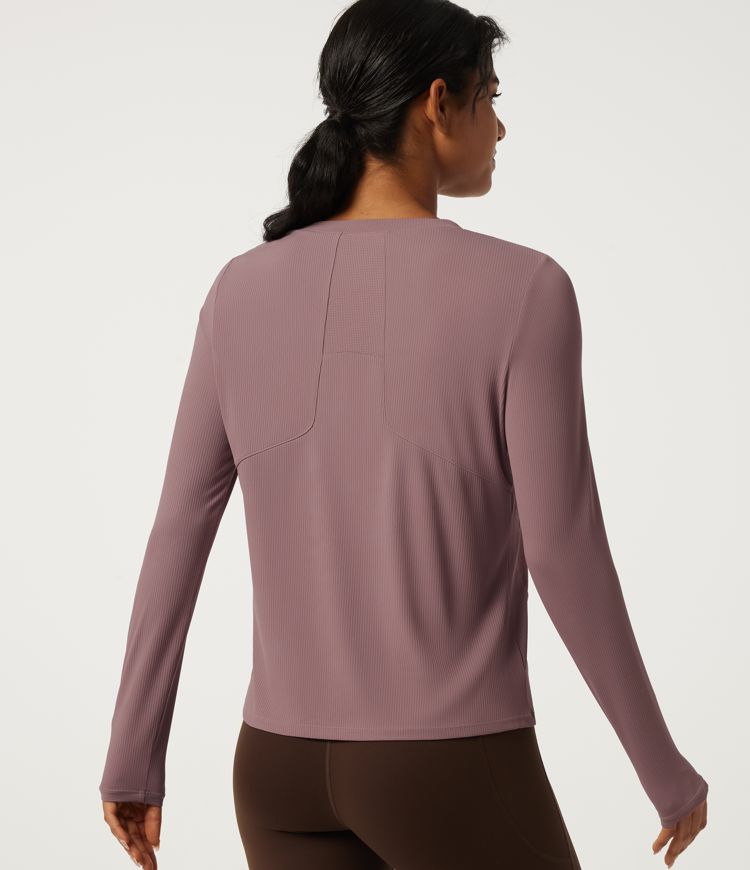 Ribbed Knit Round Neck Long Sleeve Running Sports Top