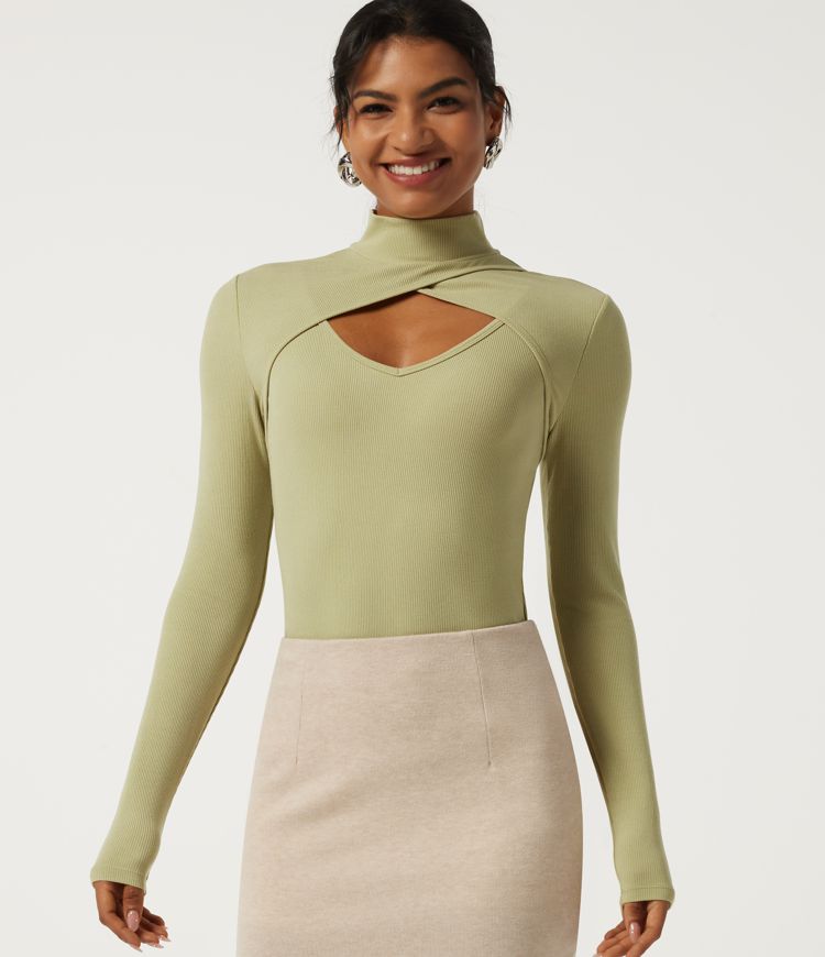 Ribbed Knit Mock Neck Long Sleeve Crossover Cut Out Casual Top