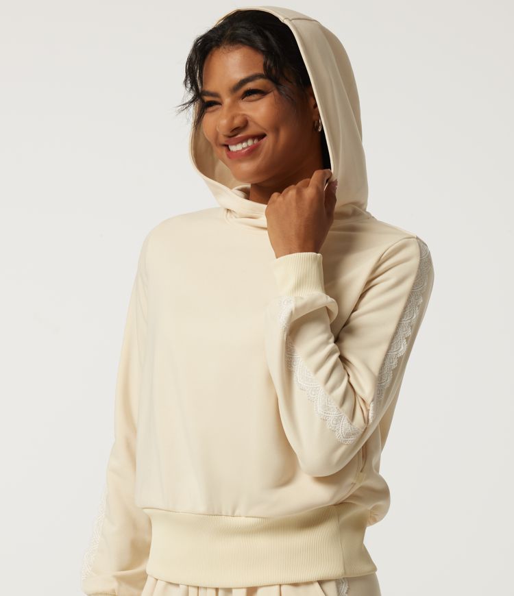 Antique White Hooded Long Sleeve Contrast Lace Casual Sweatshirt with Pockets / 1