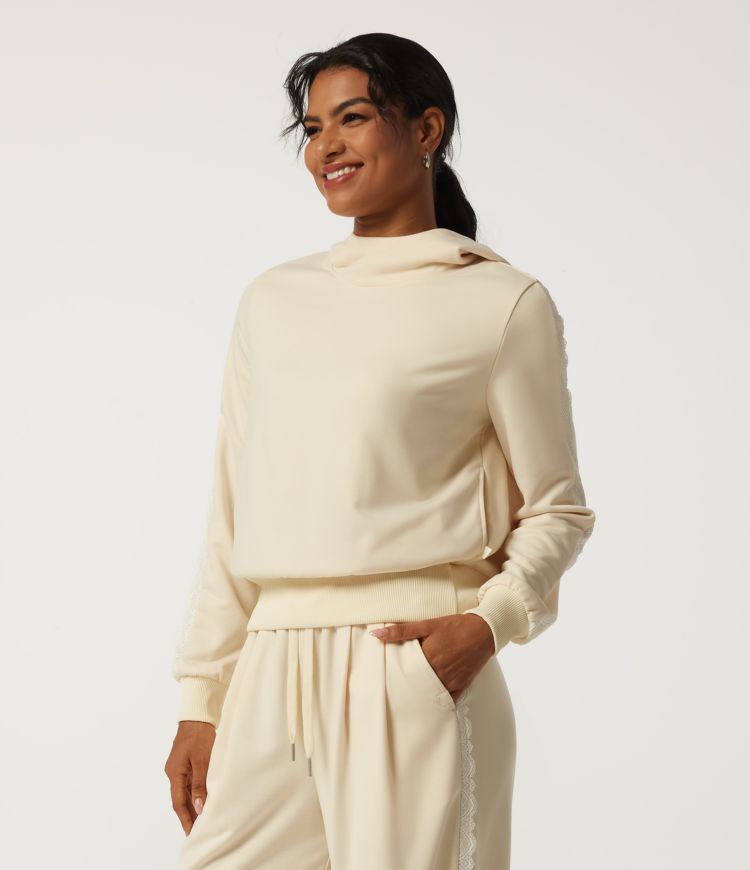 Hooded Long Sleeve Contrast Lace Casual Sweatshirt with Pockets