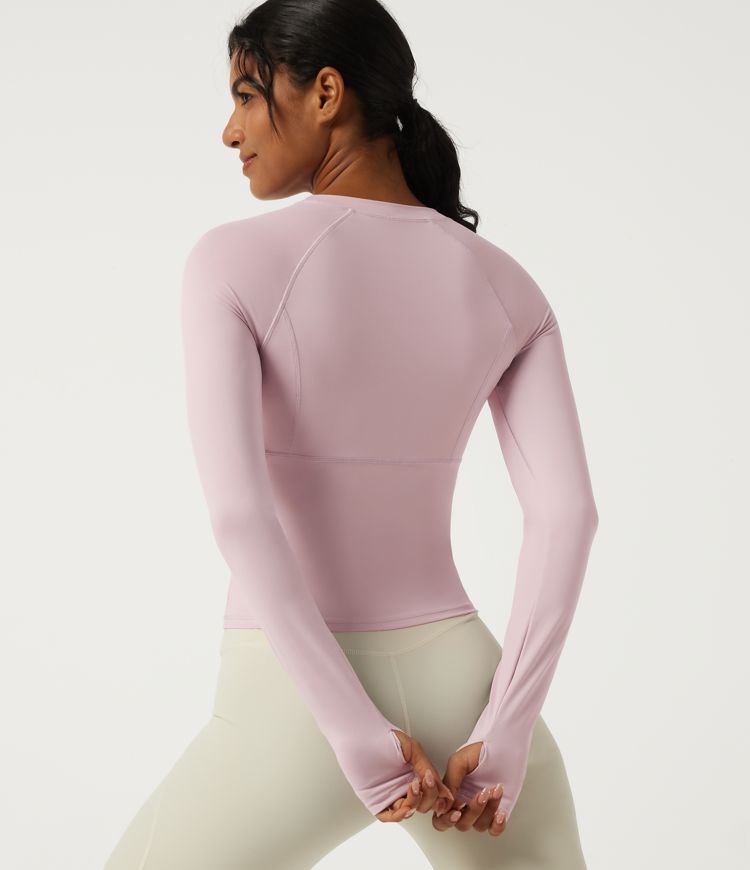 Pale Lilac Round Neck Raglan Long Sleeve Yoga Sports Top with Built-in Bra and Thumbholes / 2