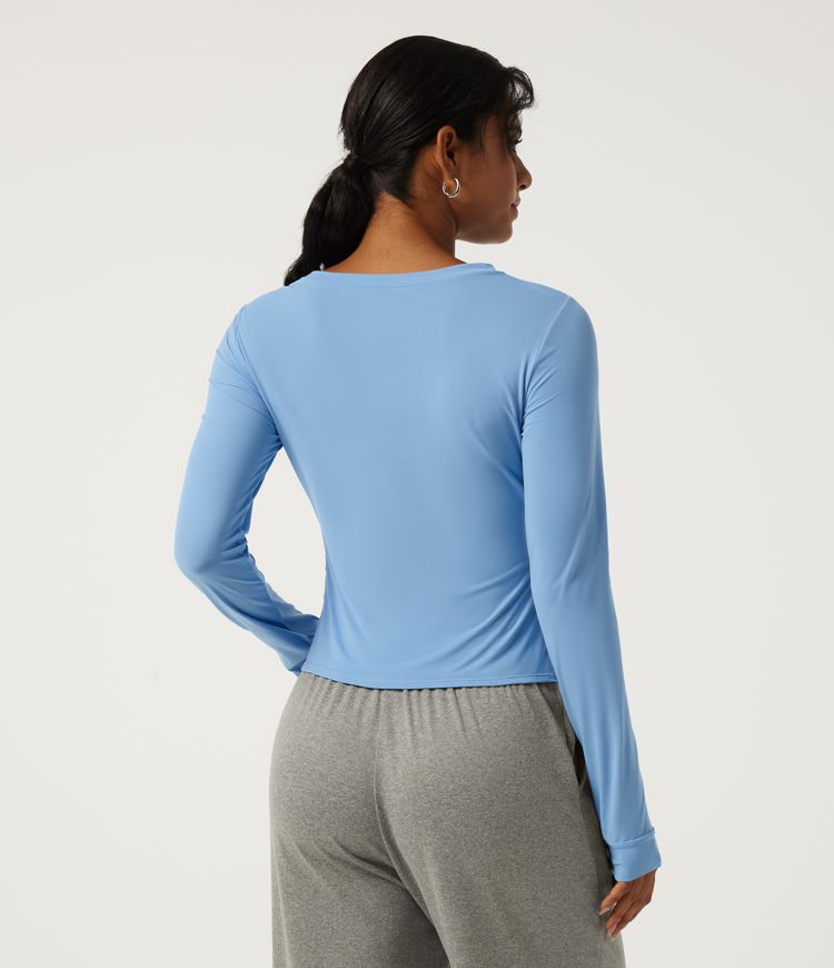 Dusk Blue Round Neck Long Sleeve Crossover Ruched Curved Hem Casual Top-UPF40+ / 2