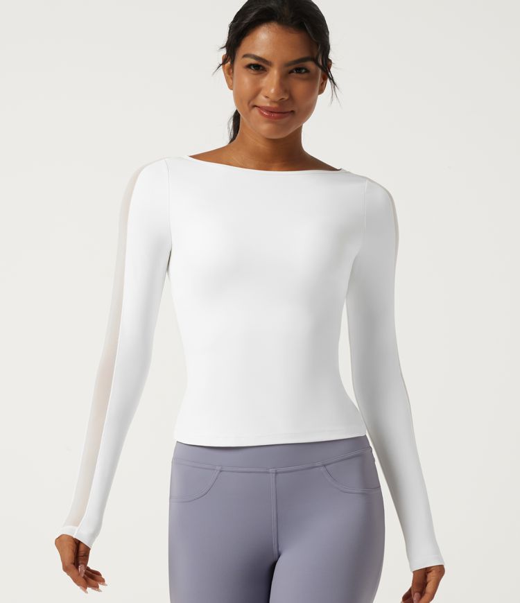 Boat Neck Long Sleeve Yoga Sports Top with Built-in Bra