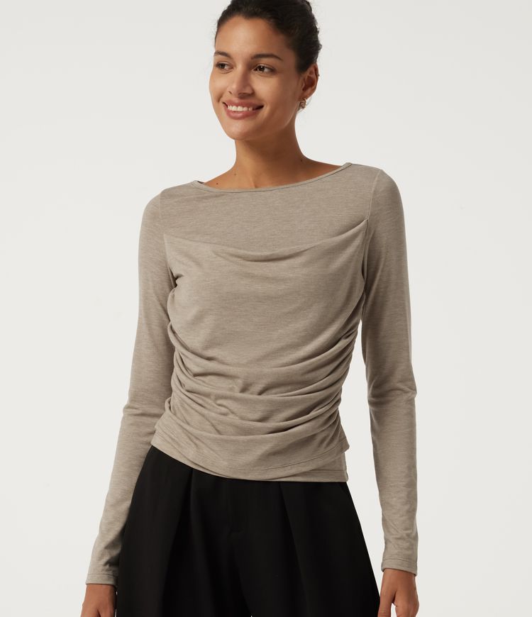 Boat Neck Long Sleeve Ruched Casual T-Shirt