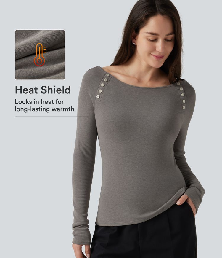 Mottled Cloud Grey Boat Neck Raglan Long Sleeve Thermal Casual Top / 1