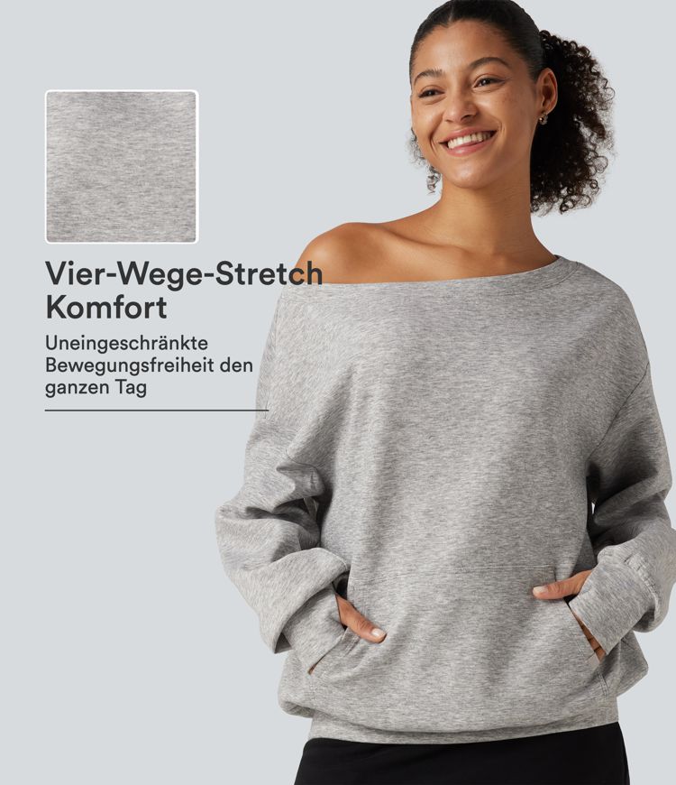 Fog Gray Lässiges Sweatshirt mit Kängurutasche, langen Ärmeln, Daumenlöchern und One-Shoulder-Design / 1