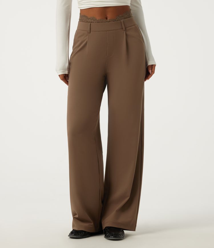 Pantalon de bureau droit Halara Flex™ taille haute avec dentelle contrastée et poches