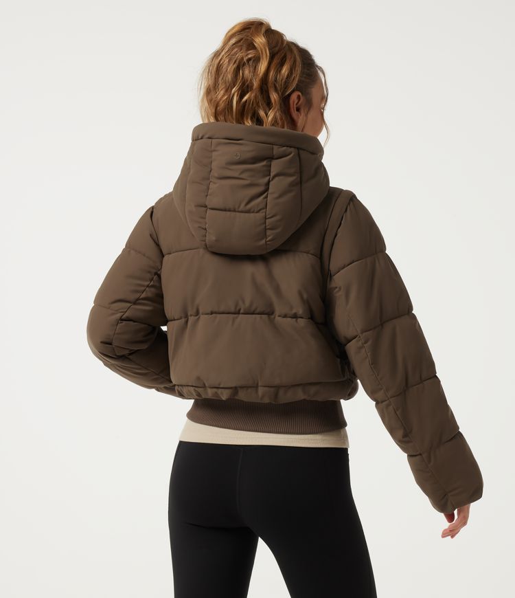 Chestnut Brown PuffFlex Removable Hood Wrinkle Recovery Long Sleeve Workout Padded Jacket with and Pockets / 2