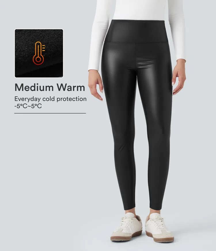High Waisted Tummy Control Stretchy PU Fleece 7/8 Skinny Casual Leggings with Pockets