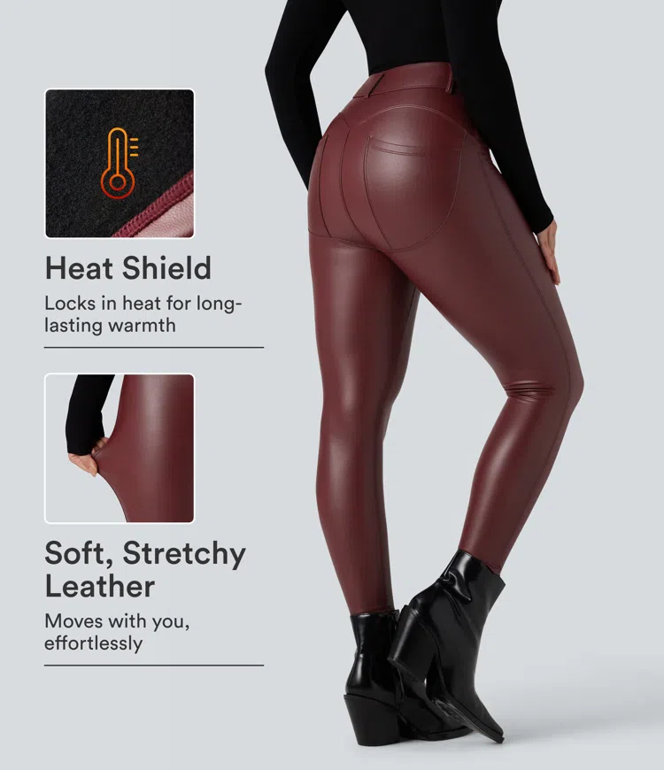 High Waisted Stretchy PU Fleece Casual Leggings with Pockets