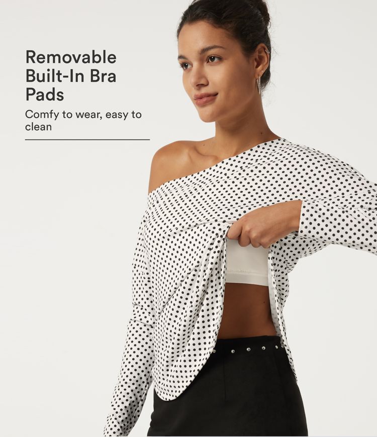 One Shoulder Long Sleeve Polka Dot Casual Top with Built-in Bra
