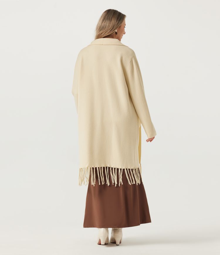 White Long Sleeve Fringe Hem Longline Work Cardigan with Pockets / 2