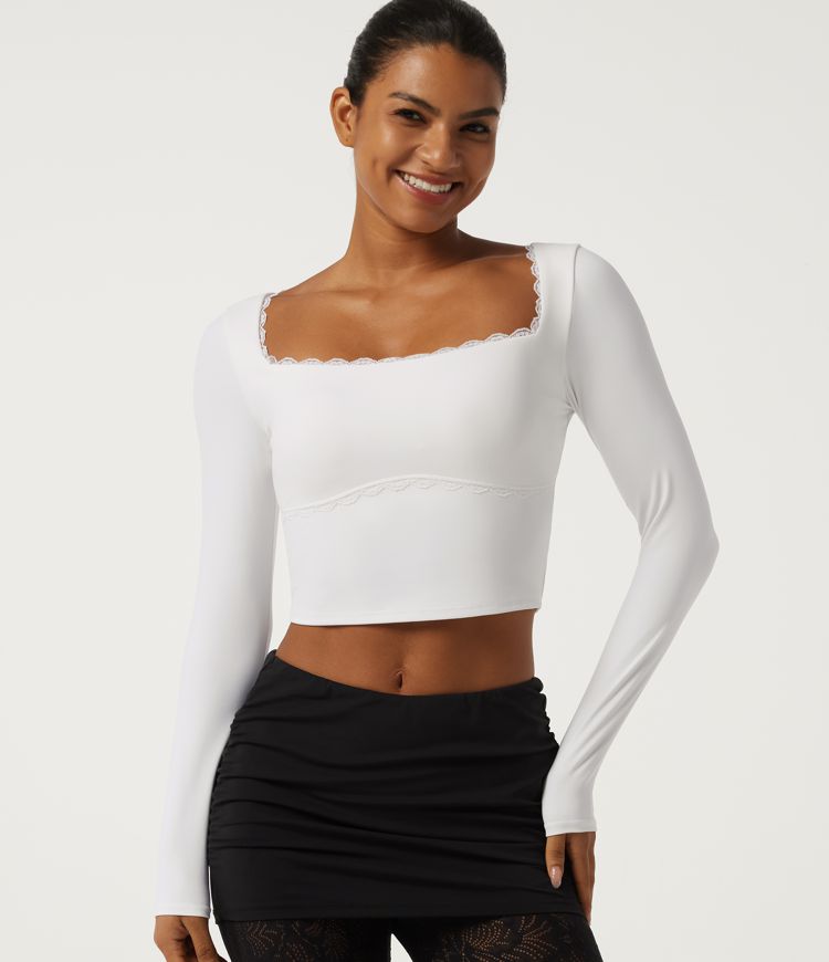 SoftlyZero™ Square Neck Long Sleeve Contrast Lace Yoga Sports Top with Built-in Bra