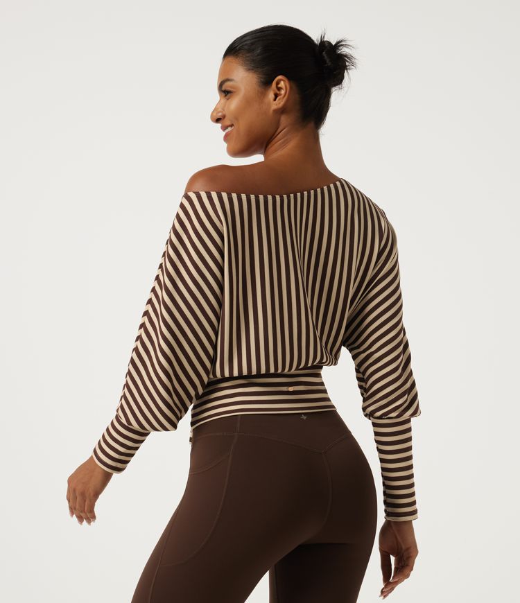 Khaki Brown Horizontal Stripe One Shoulder Long Sleeve Stripe Yoga Sports Top / 2