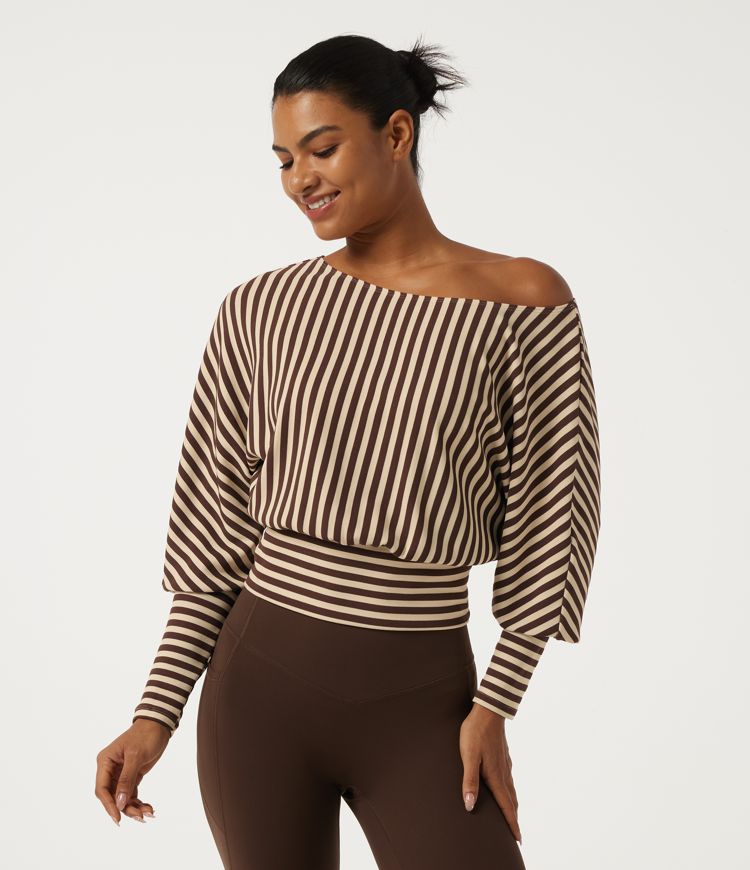 Khaki Brown Horizontal Stripe One Shoulder Long Sleeve Stripe Yoga Sports Top / 1
