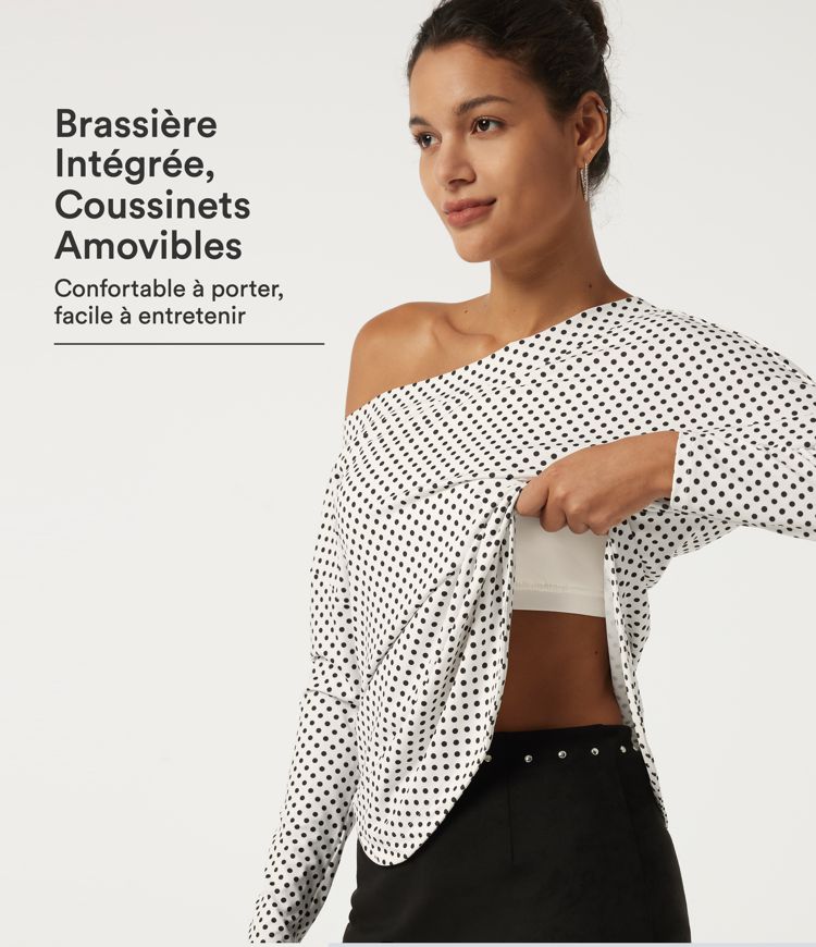 Haut à pois à épaule dénudée et manches longues avec brassière intégrée