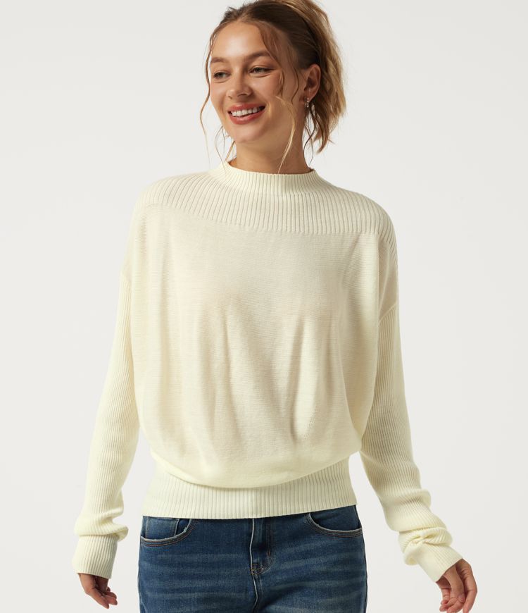 Mock Neck Drop Shoulder Long Sleeve Casual Sweater