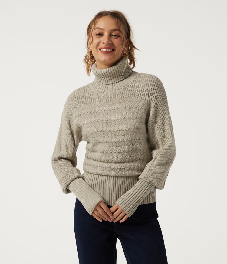 High Neck Drop Shoulder Long Sleeve Work Sweater
