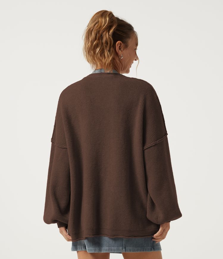 Chestnut V Neck Long Sleeve Casual Cardigan / 2