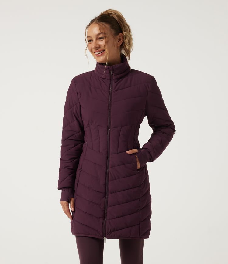 PuffFlex High Neck Removable Hood Long Sleeve Longline Casual Padded Jacket with Thumbholes