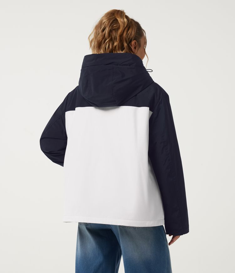 Blue White Pattern Hooded Long Sleeve Color Block Casual Padded Jacket with Pockets / 2