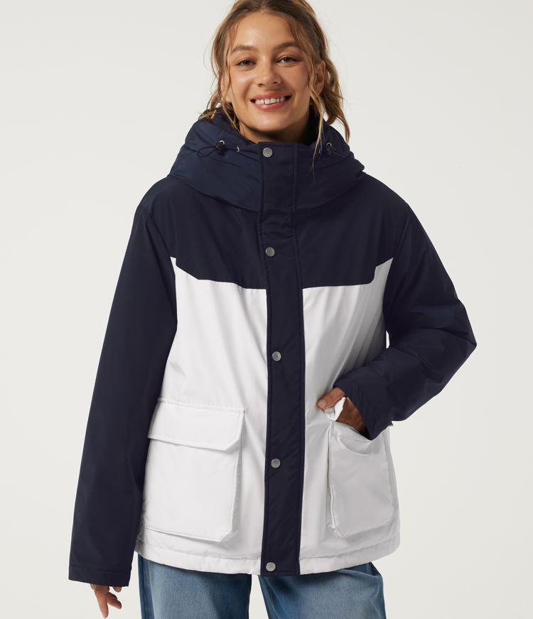 Hooded Long Sleeve Color Block Casual Padded Jacket with Pockets