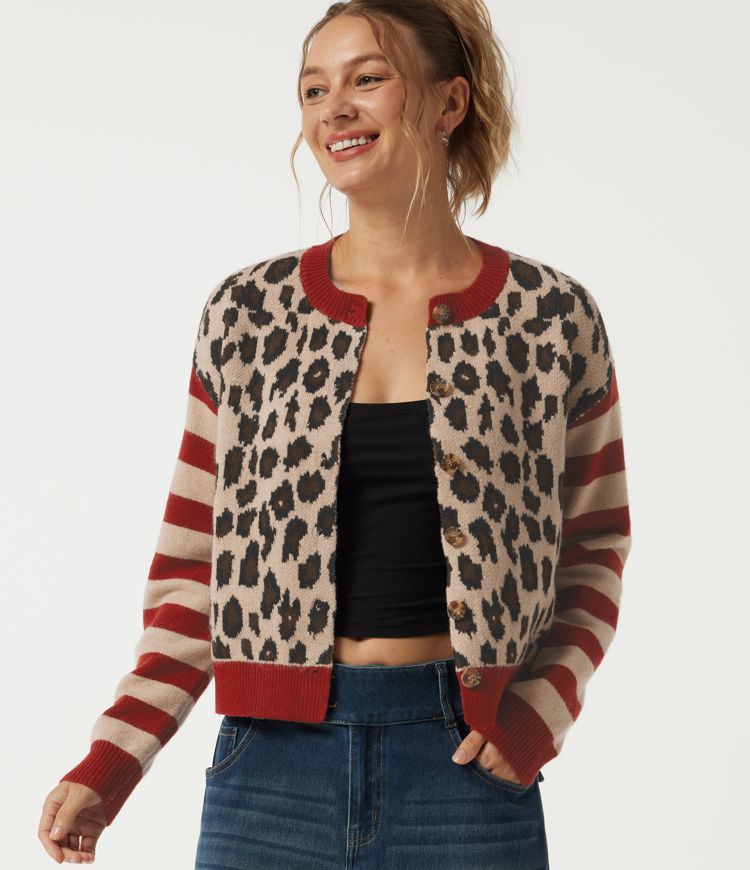 Round Neck Leopard Print Long Sleeve Casual Cardigan