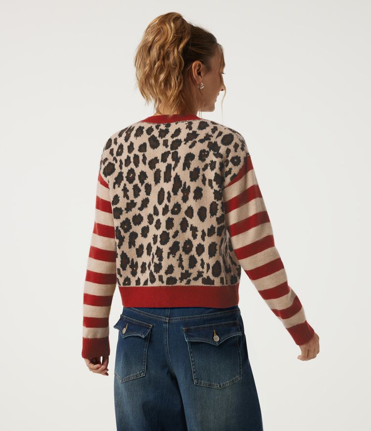 Red White Pattern Round Neck Leopard Print Long Sleeve Casual Cardigan / 2