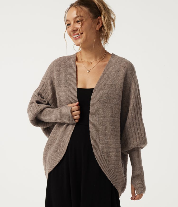 Drop Shoulder Batwing Long Sleeve Casual Cardigan for B-DD Cups with Thumbholes