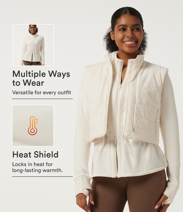 Egret High Neck Long Sleeve Drawstring Fleece 2 in 1 Yoga Down Padded Jacket with Pockets and Thumbholes / 1