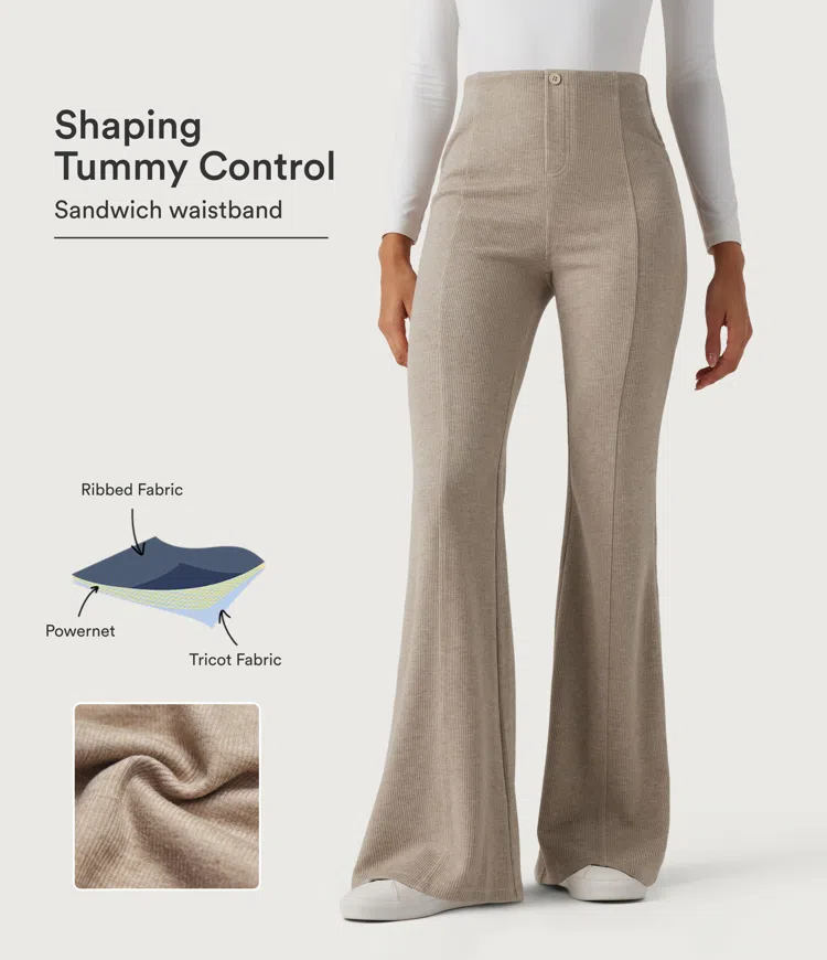Ribbed High Waisted Tummy Control Casual Flare Pants