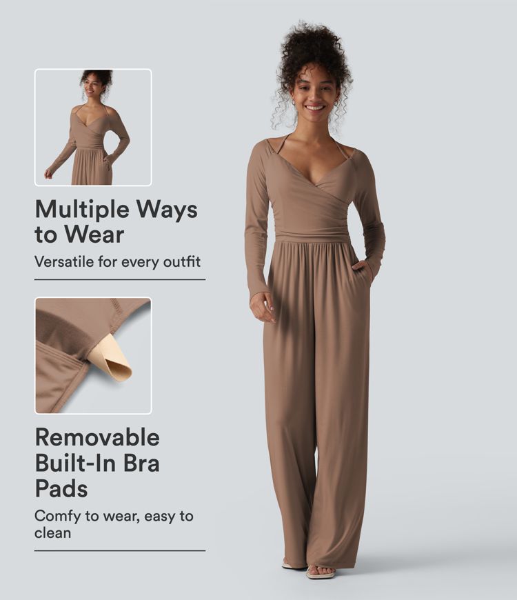 Ribbed Halter Tie Back Off Shoulder Built-in Bra Long Sleeve Casual Jumpsuit with Pockets