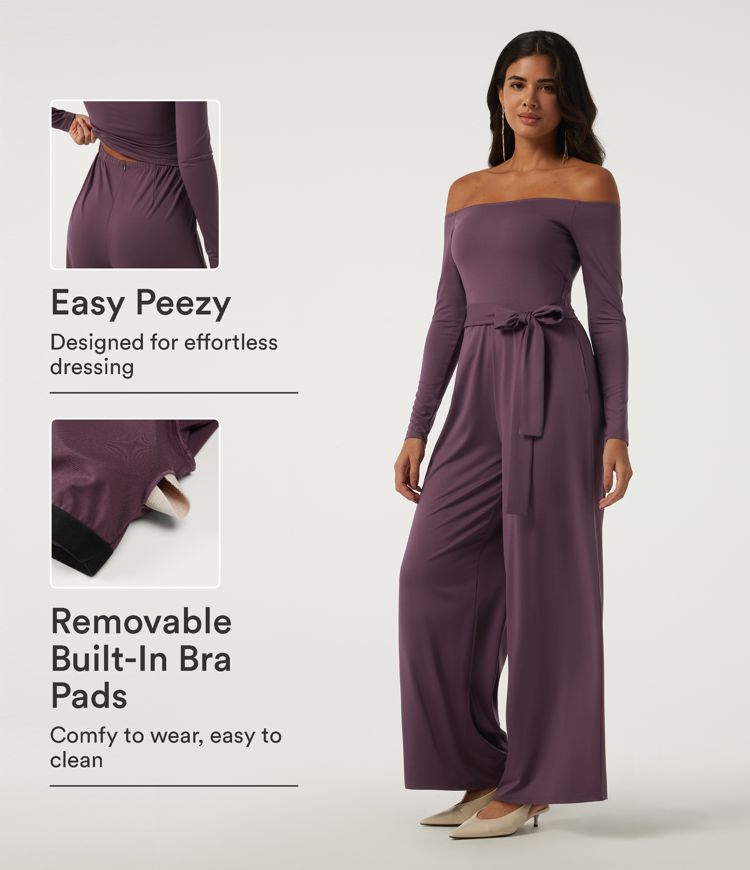 Off Shoulder Long Sleeve Built-in Bra Wide Leg Tie Side Party Jumpsuit with Pockets-Easy Peezy Edition