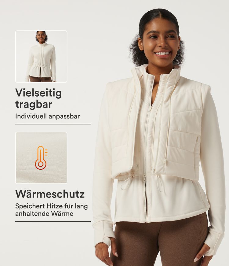 Gefütterte 2-in-1 Fleece-Yoga-Jacke mit hohem Kragen, Seitentaschen, langen Ärmeln, Kordelzug und Daumenlöchern