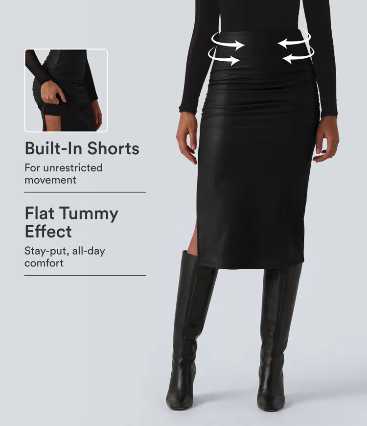 High Waisted Tummy Control Ruched Curved Hem 2-in-1 Fleece PU Midi Casual Skirt
