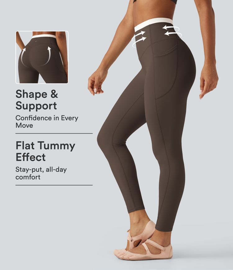 Hot Fudge Halara UltraSculpt™ leggings de yoga skinny de talle alto con control abdominal, diseño color block y bolsillos / 1
