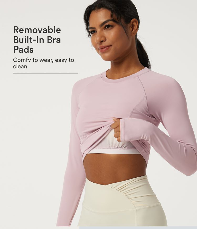 Round Neck Raglan Long Sleeve Yoga Sports Top with Built-in Bra and Thumbholes