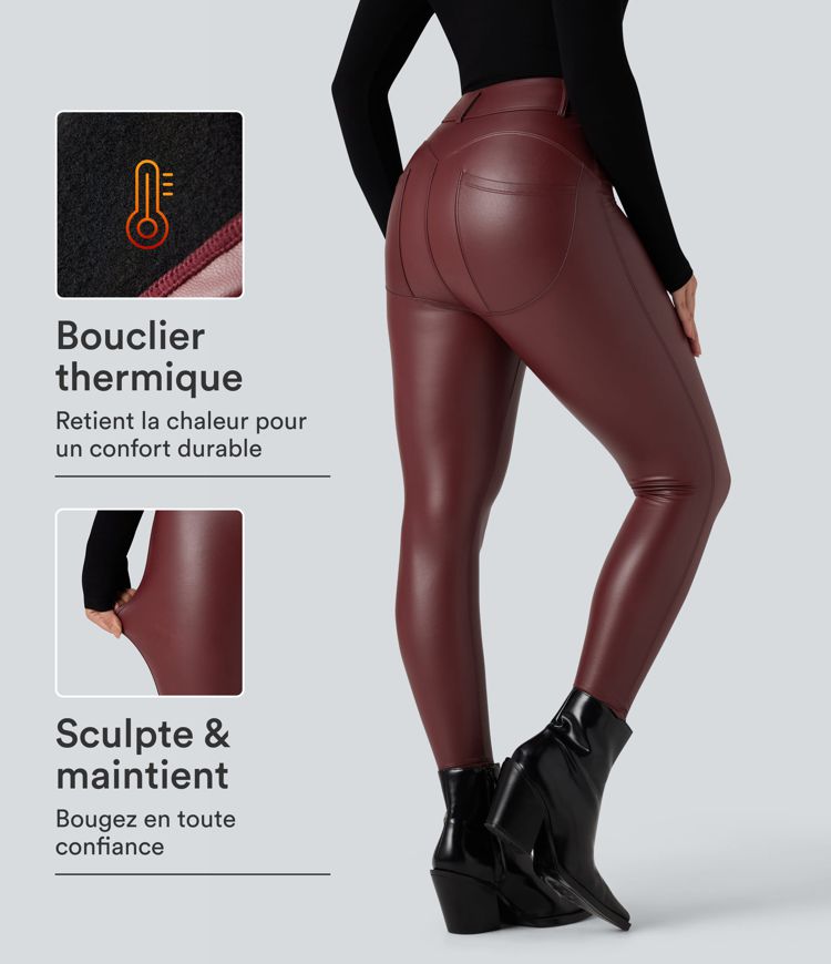Pantalon en simili stretch doublé polaire taille haute avec poches