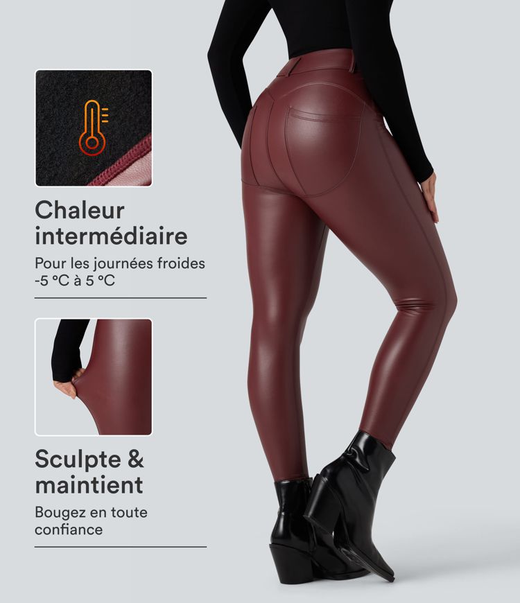 Pantalon en simili stretch doublé polaire taille haute avec poches