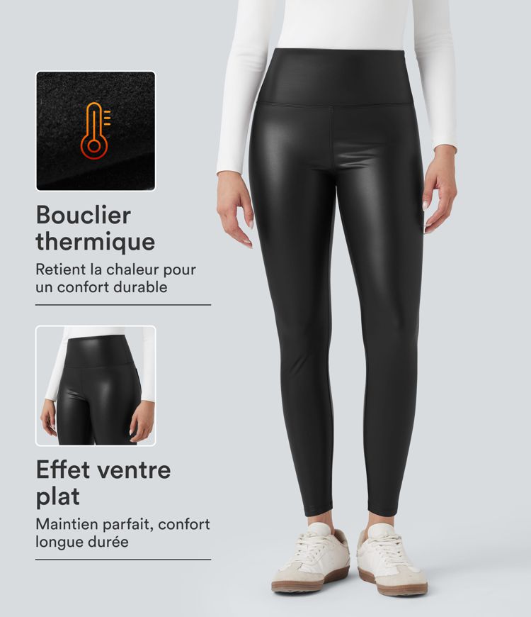 Pantalon 7/8 moulant décontracté en simili stretch doublé polaire gainant taille haute avec poches