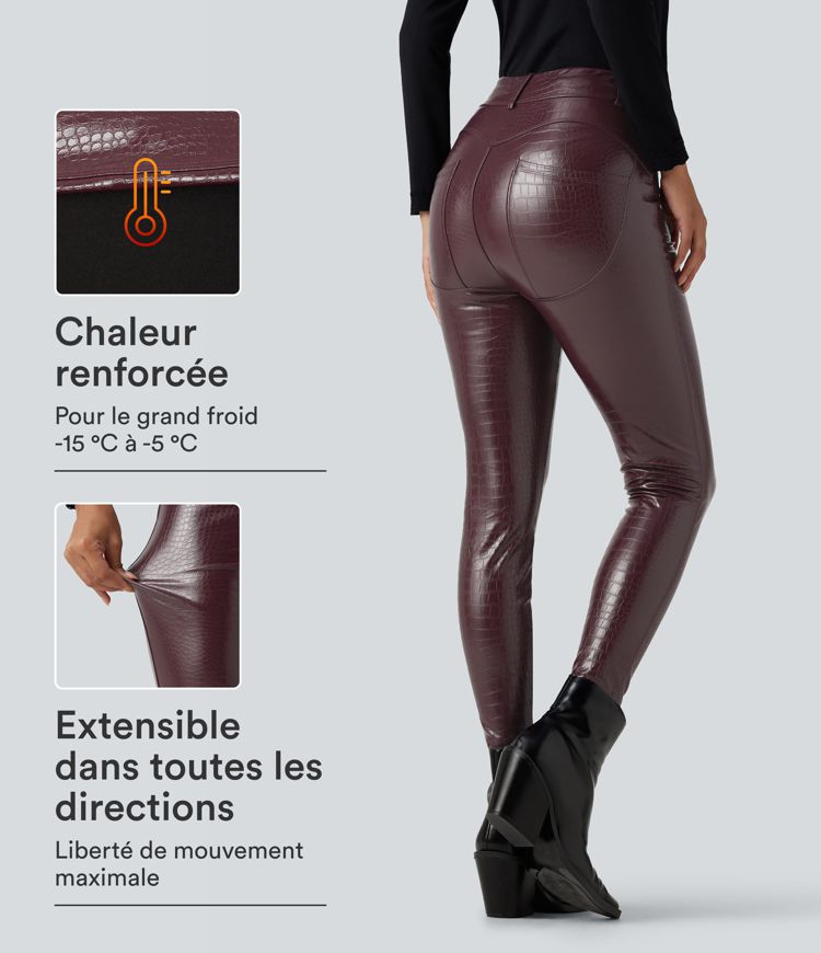 Legging en simili stretch doublé polaire taille haute imprimé serpent avec poches