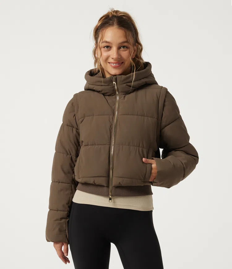 PuffFlex Removable Hood Wrinkle Recovery Long Sleeve Workout Padded Jacket with and Pockets
