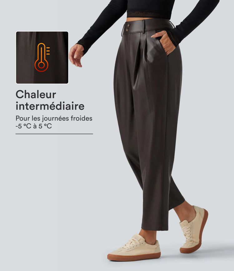 Pantalon en simili stretch doublé polaire taille haute coupe fuselée avec poches