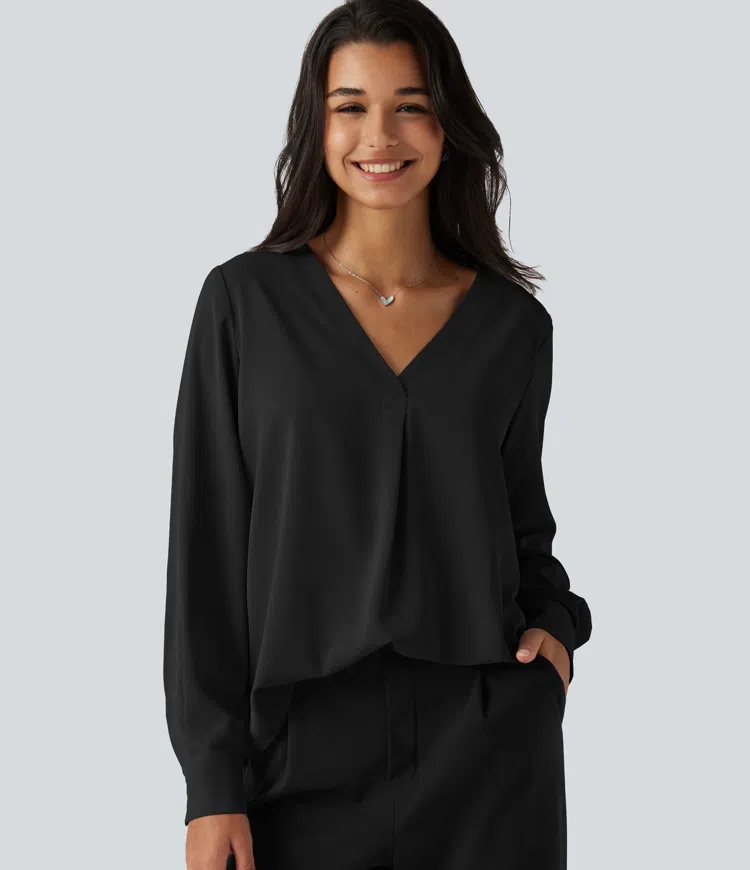 Blouse de bureau défroissage facile, col V et manches longues