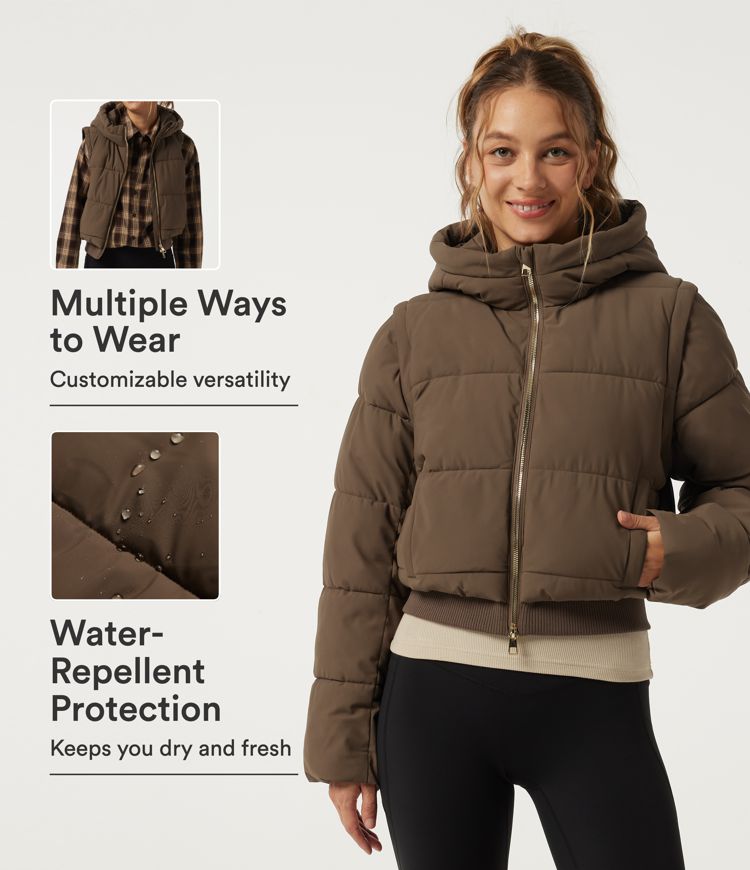 PuffFlex Removable Hood Wrinkle Recovery Long Sleeve Workout Padded Jacket with and Pockets